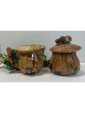 Vintage Mushroom-Themed Ceramic Canister & Matching Pitcher Set Hand-Painted Rus